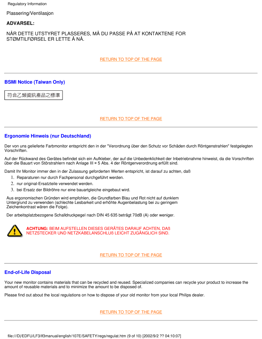 Philips 107T4, 109S4, 107S4, 109B4, 107B4, 107E43, 107F4, 105B2 user manual Bsmi Notice Taiwan Only 