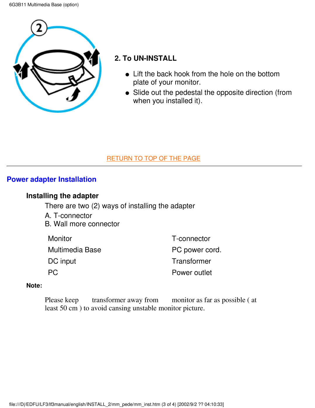 Philips 105B2, 109S4, 107S4, 107T4, 109B4, 107B4, 107E43 To UN-INSTALL, Power adapter Installation, Installing the adapter 