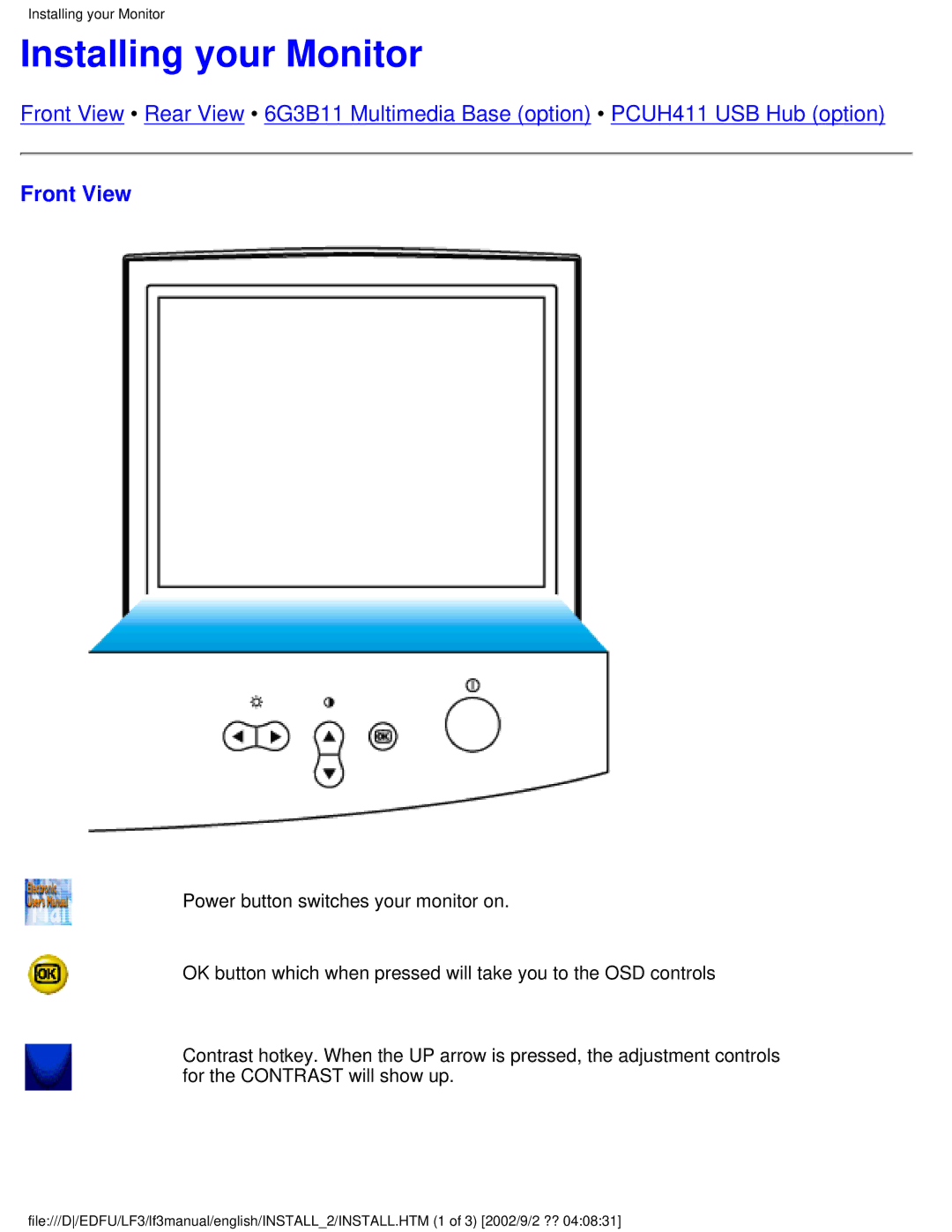 Philips 107S4, 109S4, 107T4, 109B4, 107B4, 107E43, 107F4, 105B2 user manual Installing your Monitor, Front View 