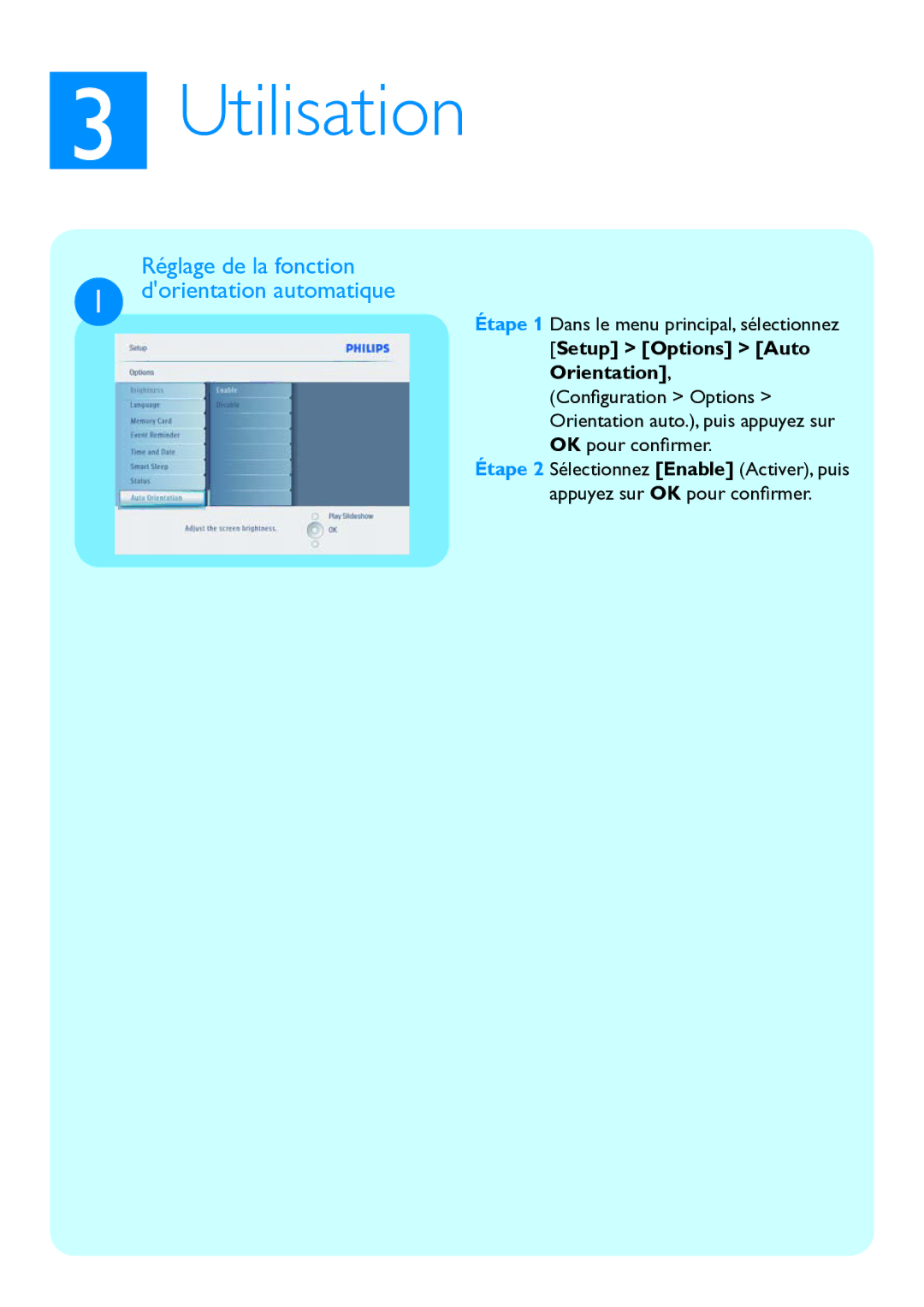 Philips 10FFECME Réglage de la fonction, Dorientation automatique, Setup Options Auto, Orientation, Conﬁguration Options 