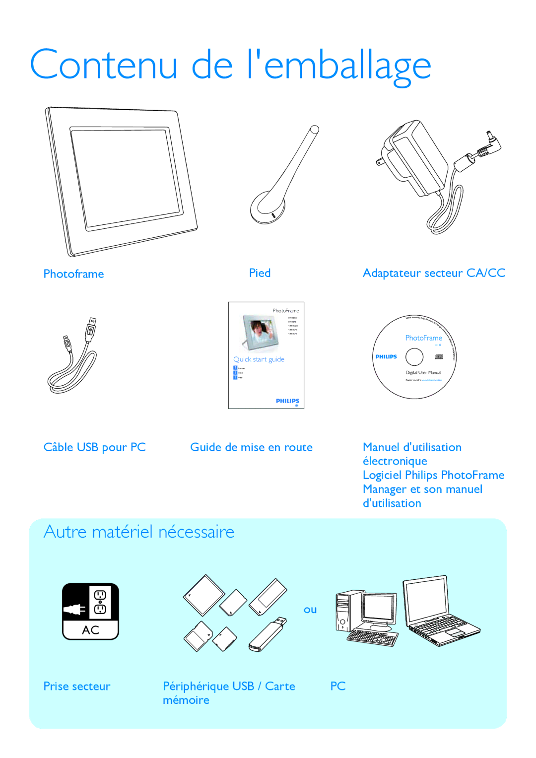 Philips 10FFECME manual Contenu de lemballage, Photoframe Pied 