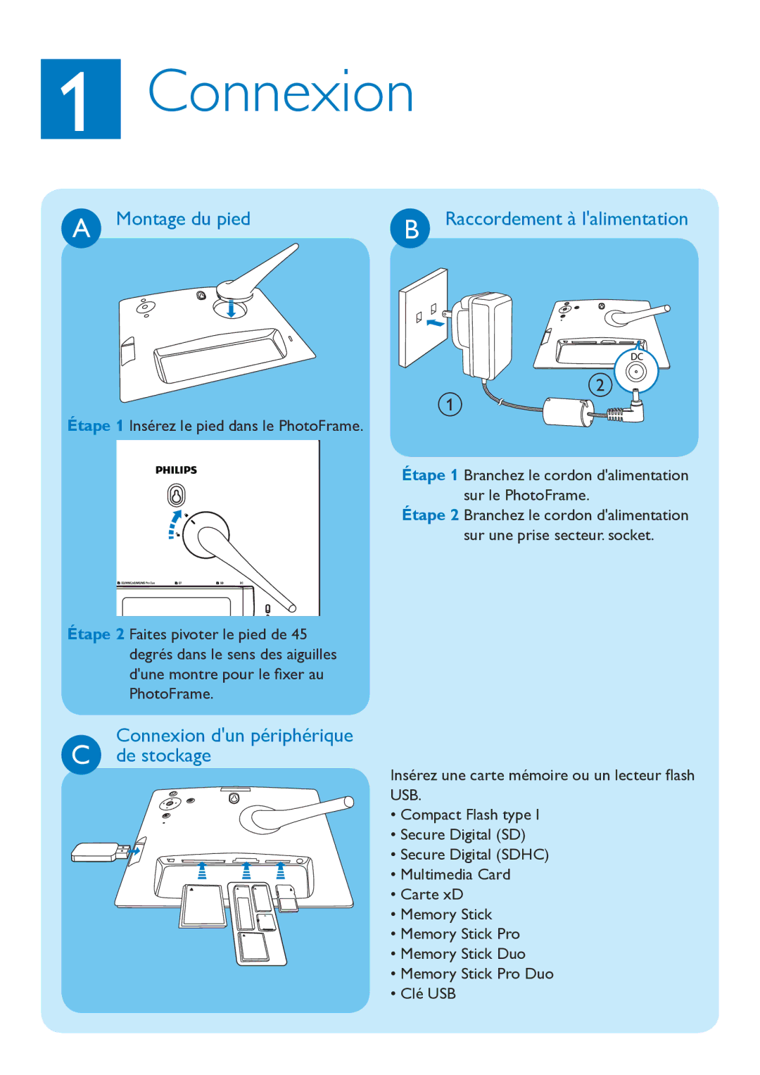 Philips 10FFECME manual Connexion, Montage du pied, De stockage 