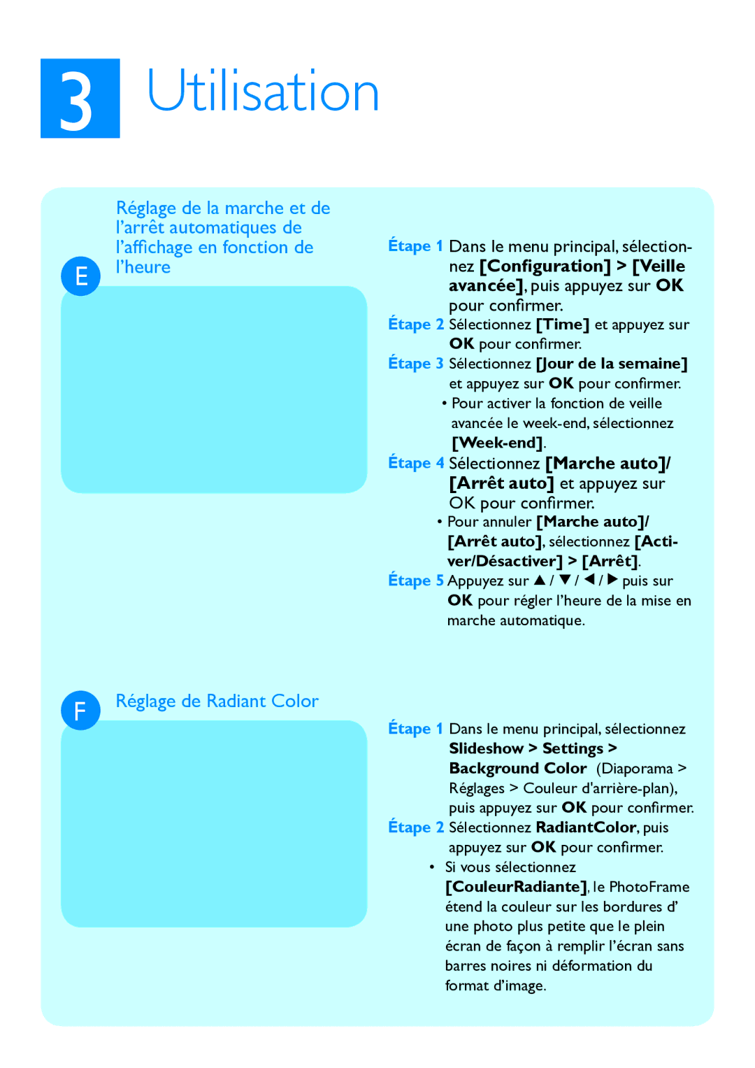 Philips 10FFECME manual ’heure, Réglage de Radiant Color 