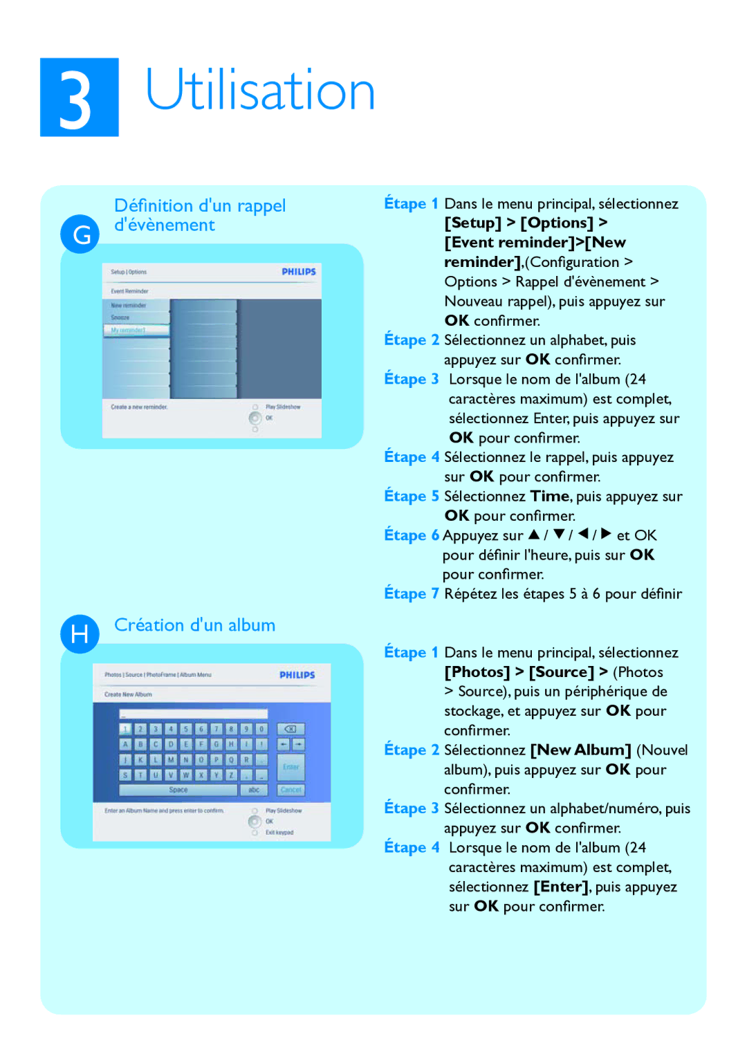 Philips 10FFECME manual Déﬁnition dun rappel G dévènement, Création dun album, Photos Source Photos 
