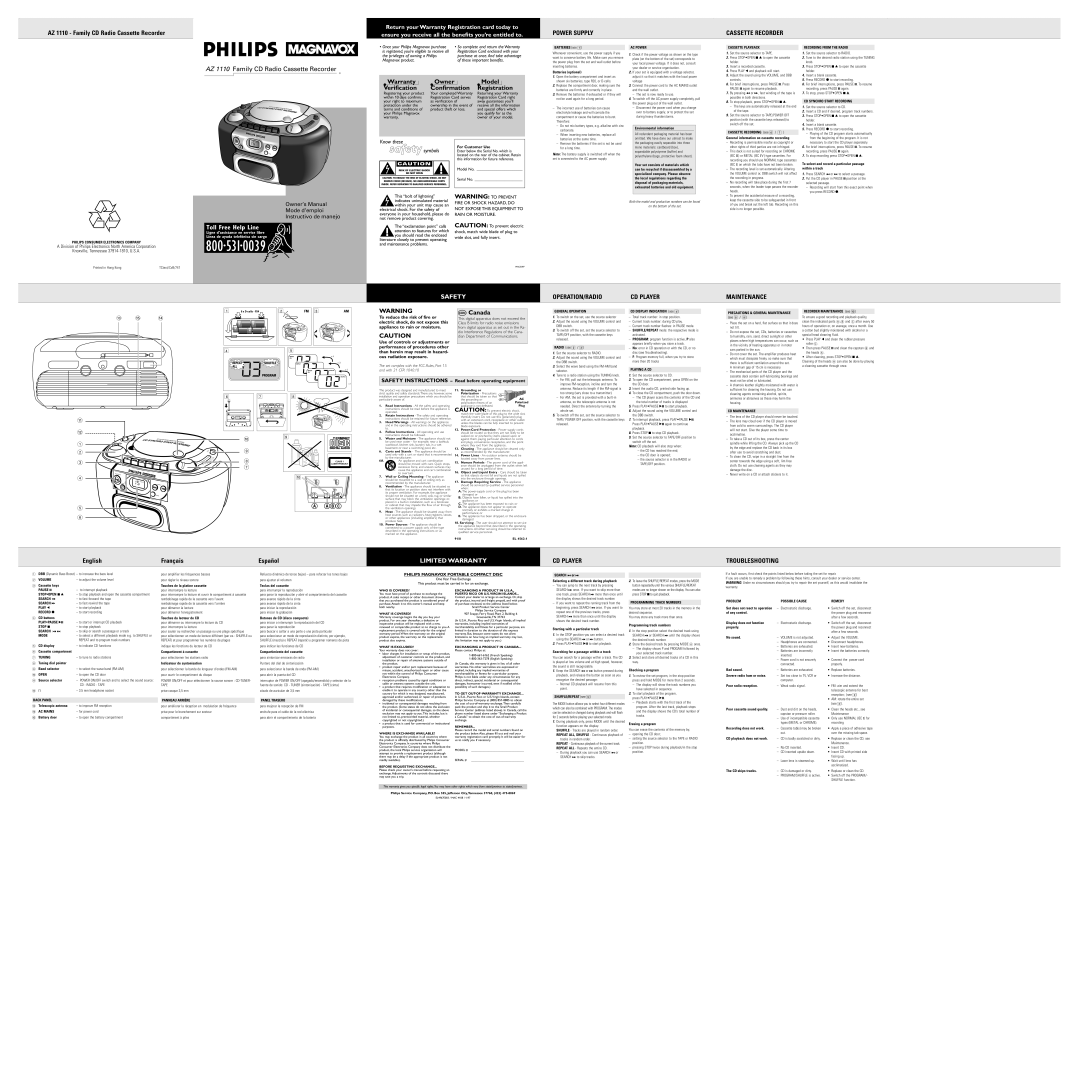 Philips 1110 owner manual Philips Consumer Electronics Company, AC Power, Cassette Playback, Recording from the Radio 