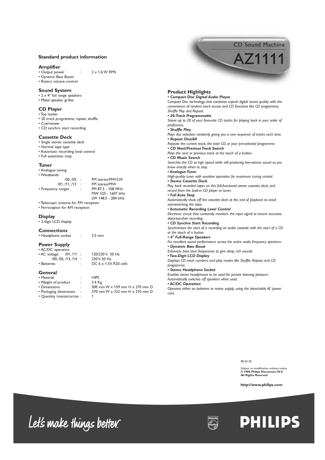 Philips 1111 manual Standard product information Amplifier 