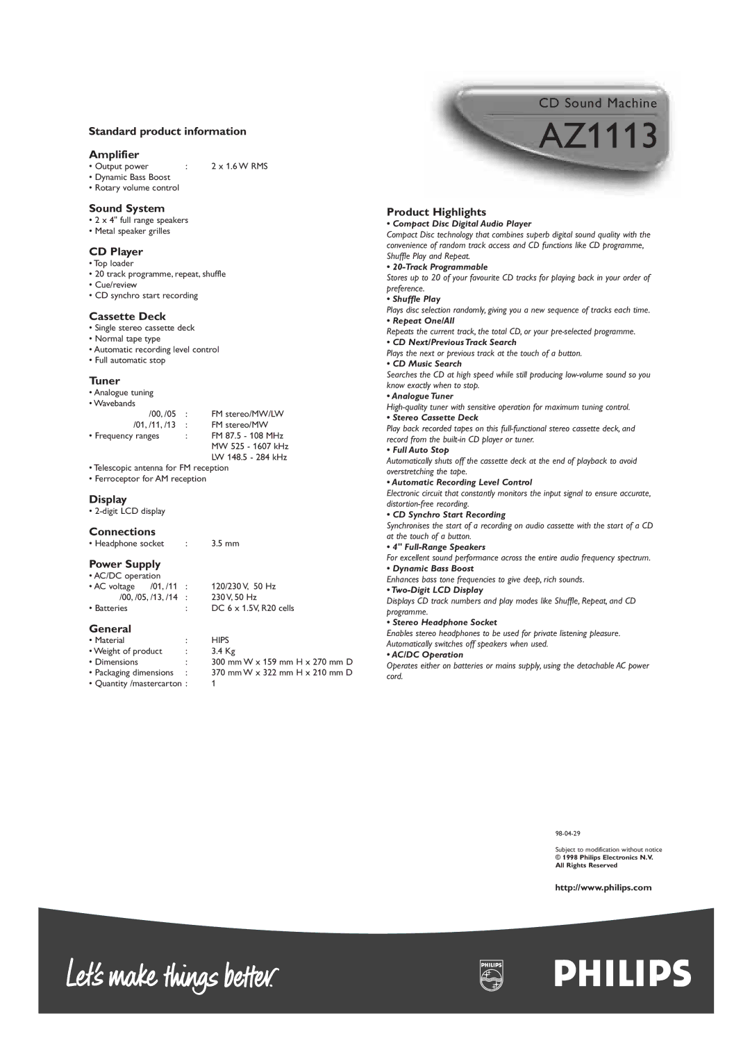 Philips 1111 manual Subject to modification without notice 