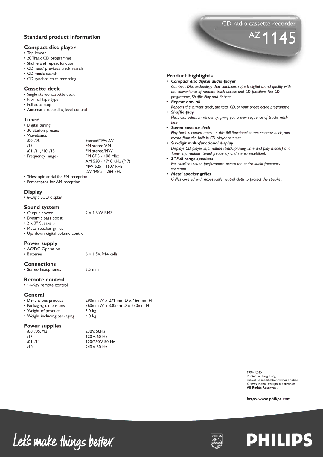 Philips 1145AZ Standard product information Compact disc player, Cassette deck, Tuner, Display, Sound system, Power supply 