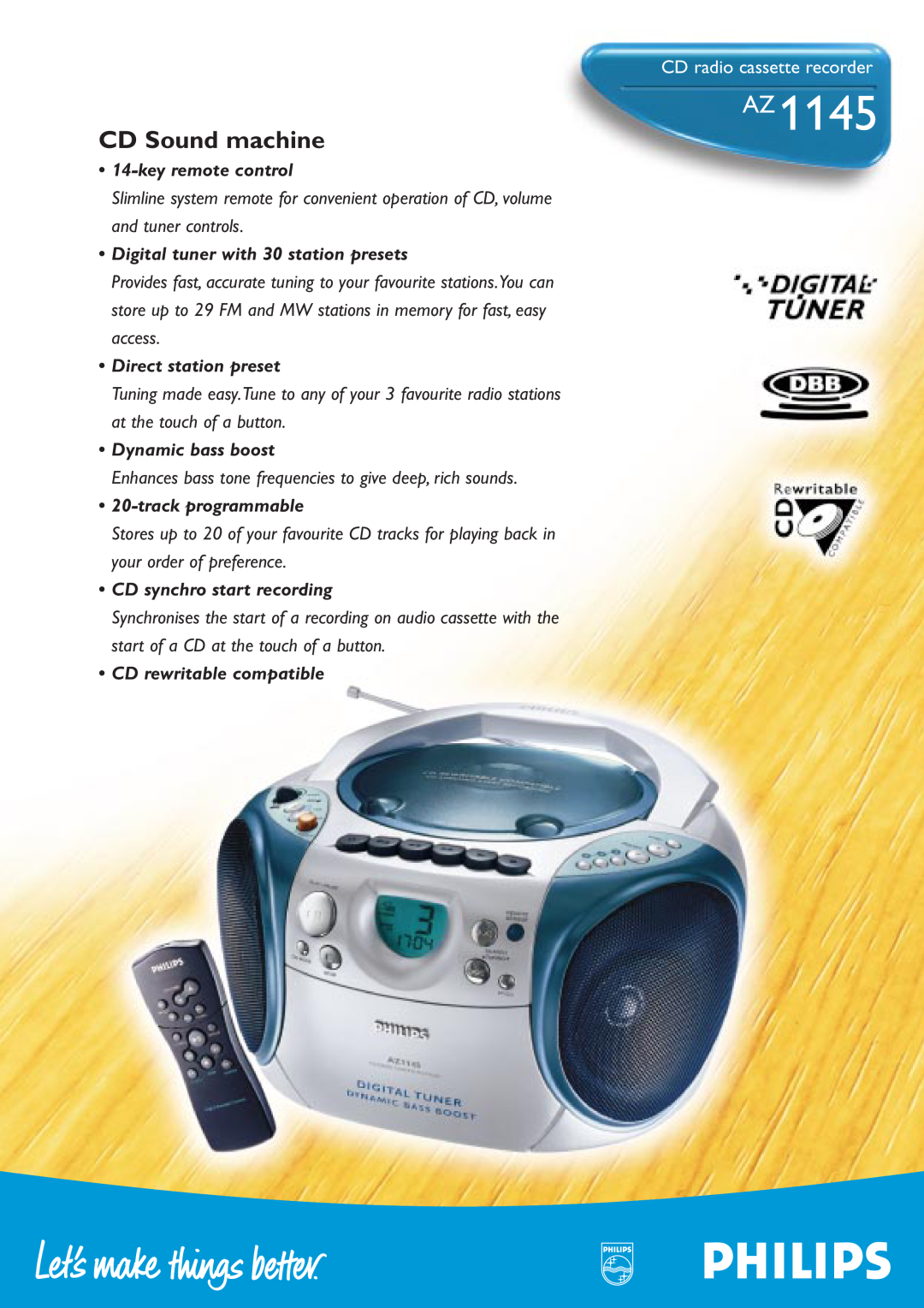 Philips 1145AZ manual CD radio cassette recorder, CD Sound machine, key remote control, Direct station preset 