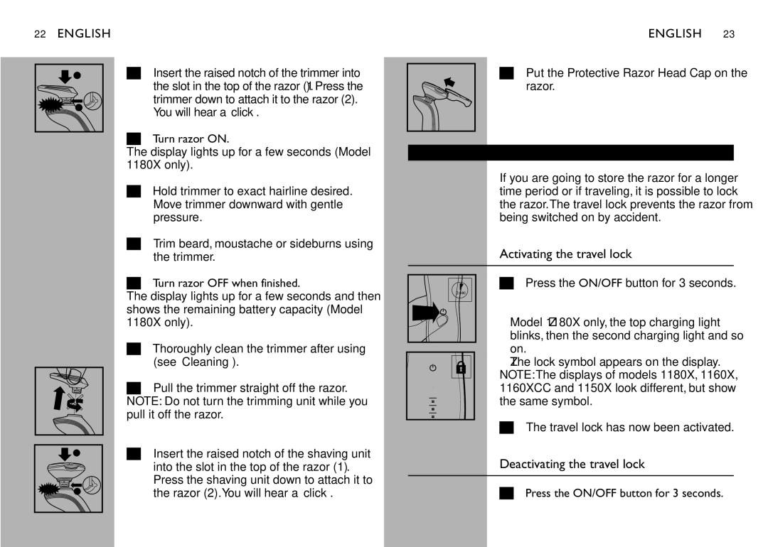 Philips 1180X, 1160XCC, 1150X manual Travel Lock, Activating the travel lock, Deactivating the travel lock 