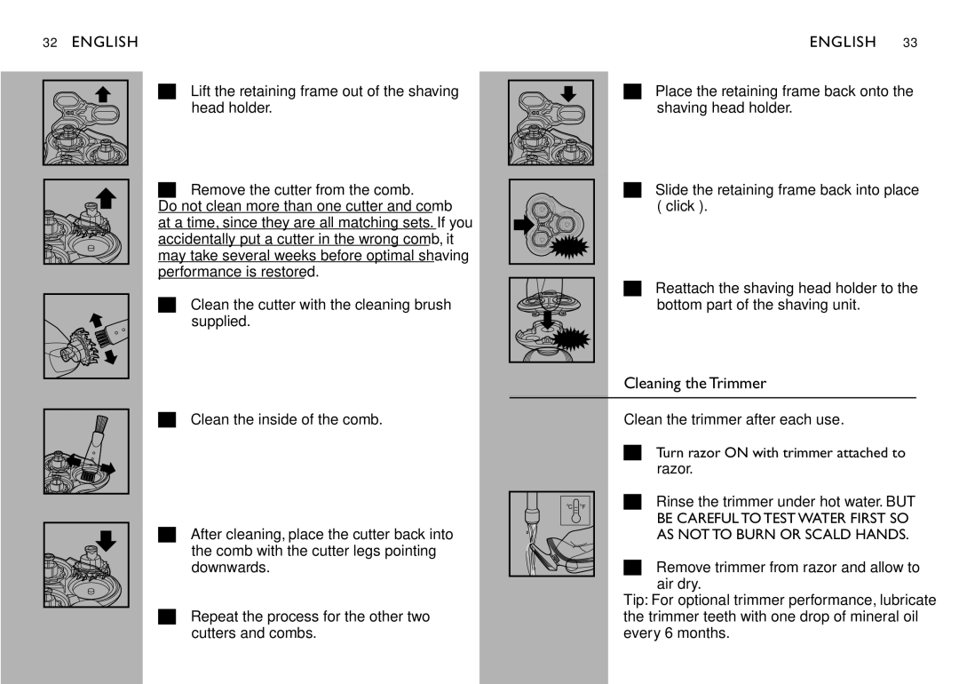 Philips 1180X, 1160XCC, 1150X manual Cleaning the Trimmer, Lift the retaining frame out of the shaving head holder 
