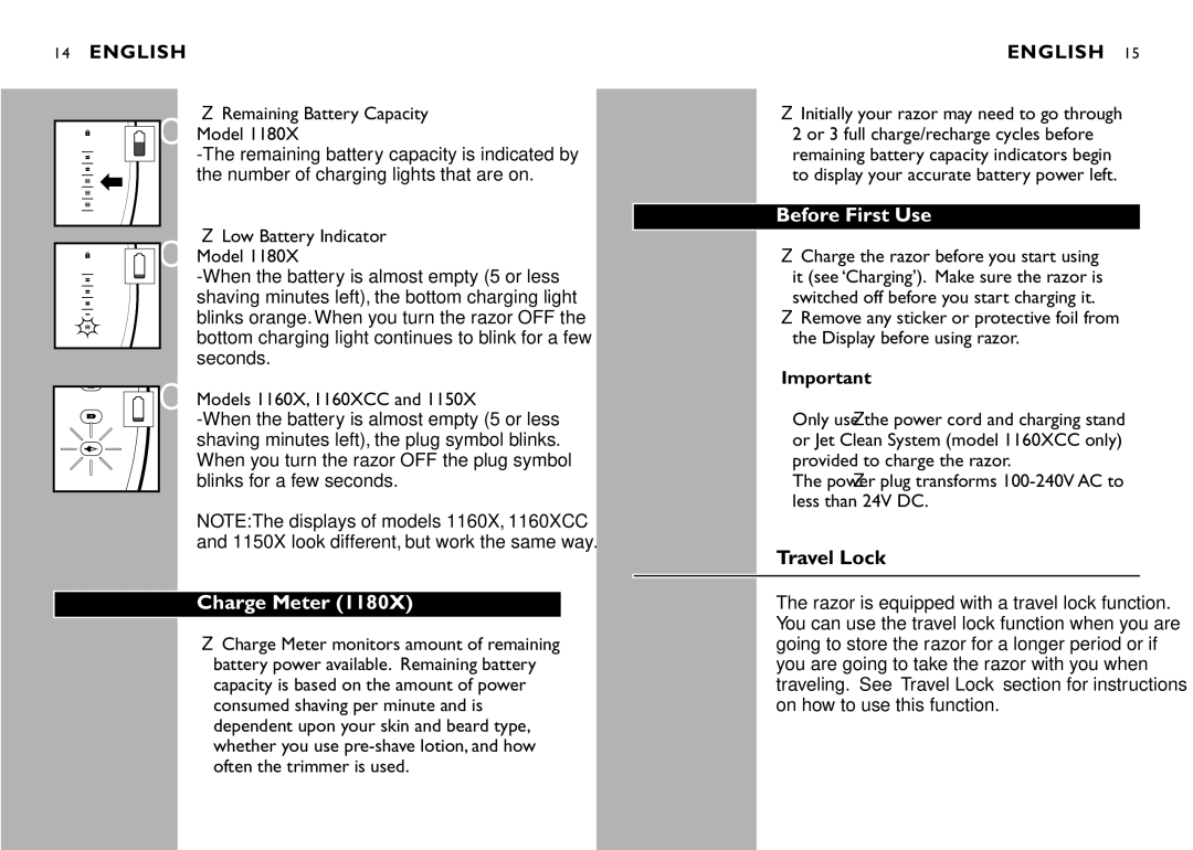 Philips 1180X, 1160XCC, 1150X manual Before First Use, Charge Meter, Travel Lock, Remaining Battery Capacity Model 
