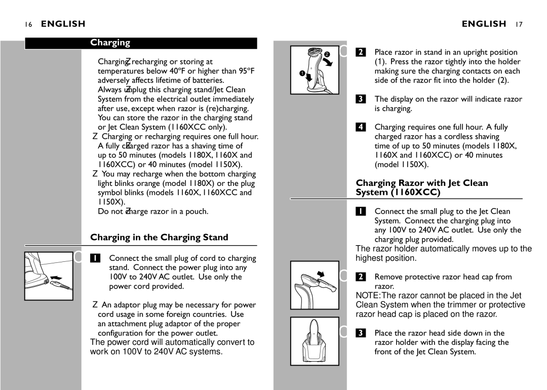 Philips 1180X, 1150X manual Charging in the Charging Stand, Charging Razor with Jet Clean System 1160XCC 