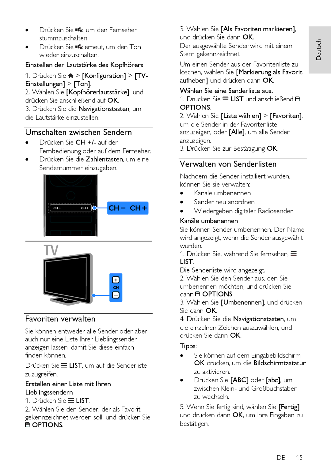 Philips PFL5xx7T, 12, PFL5xx7K, 60, PFL5xx7H Umschalten zwischen Sendern, Favoriten verwalten, Verwalten von Senderlisten 