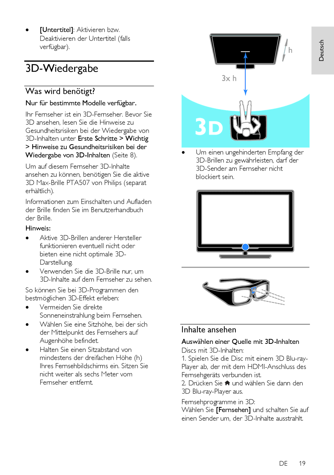 Philips 12, PFL5xx7T, PFL5xx7K, 60, PFL5xx7H manual 3D-Wiedergabe, Was wird benötigt?, Inhalte ansehen 