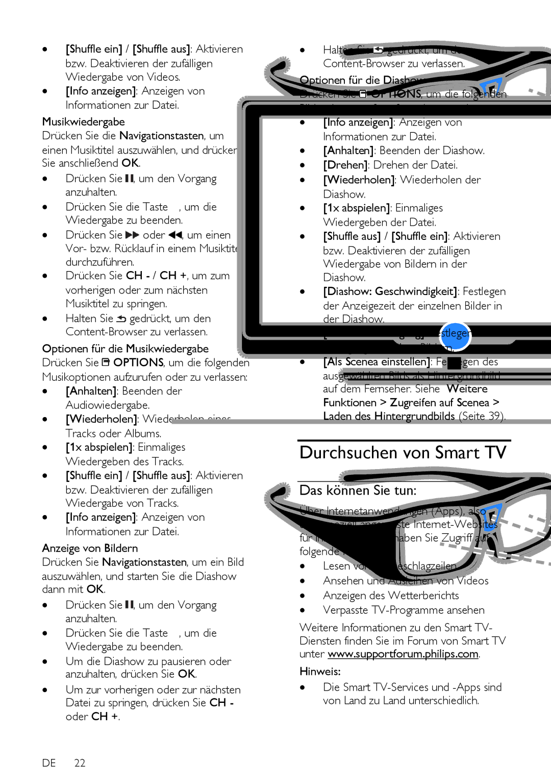 Philips PFL5xx7T, 12, PFL5xx7K, 60 Durchsuchen von Smart TV, Optionen für die Diashow, ∙ Als Scenea einstellen Festlegen des 