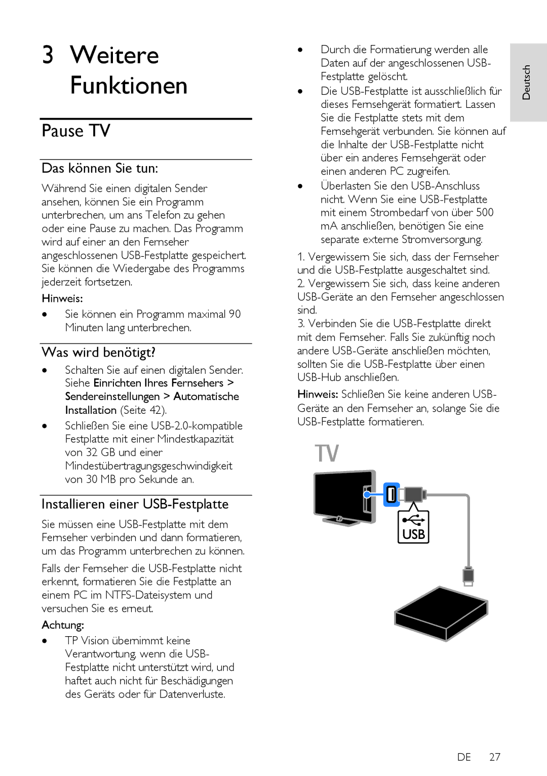 Philips 12, PFL5xx7T, PFL5xx7K, 60, PFL5xx7H manual Pause TV, Installieren einer USB-Festplatte 