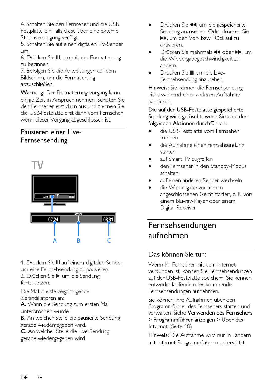 Philips 12, PFL5xx7T, PFL5xx7K, 60, 7H Pausieren einer Live Fernsehsendung, Programmführer anzeigen Über das Internet Seite 