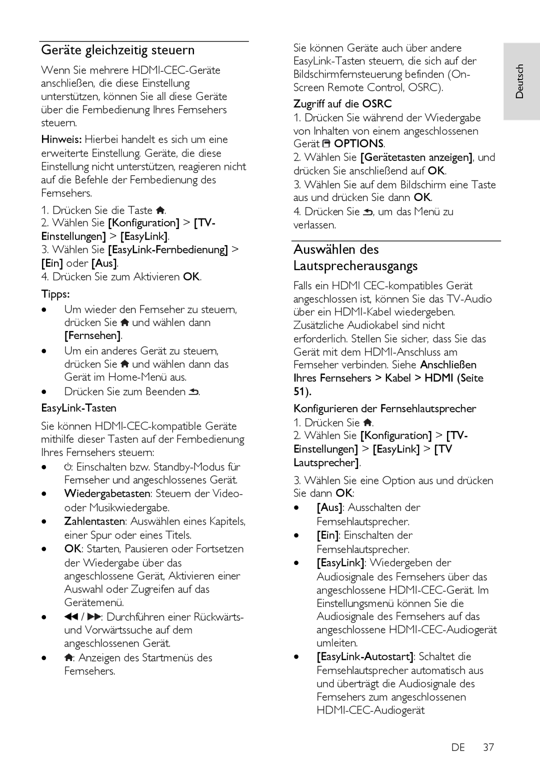 Philips PFL5xx7K, 12, PFL5xx7T, 60, PFL5xx7H manual Geräte gleichzeitig steuern, Auswählen des Lautsprecherausgangs 