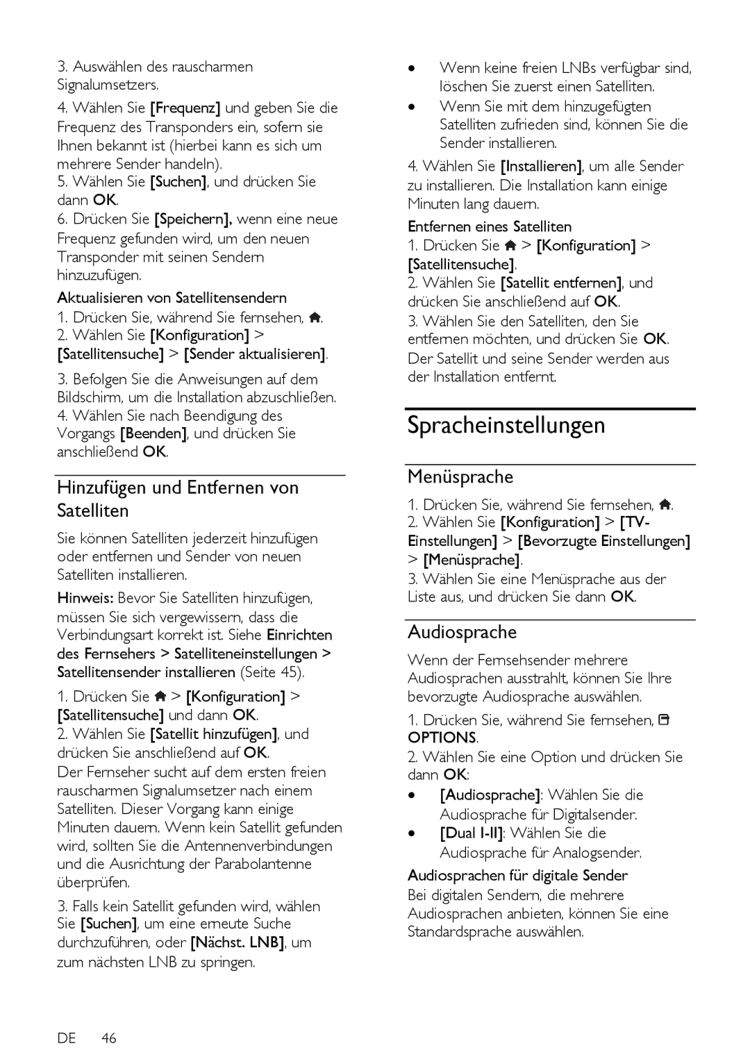 Philips PFL5xx7H, 12, PFL5xx7T, 60 Spracheinstellungen, Hinzufügen und Entfernen von Satelliten, Menüsprache, Audiosprache 