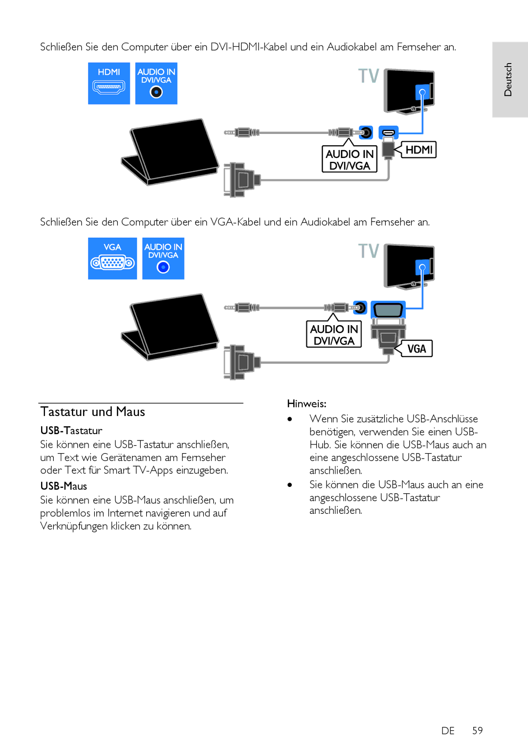 Philips 60, 12, PFL5xx7T, PFL5xx7K, PFL5xx7H manual Tastatur und Maus, USB-Tastatur, USB-Maus 