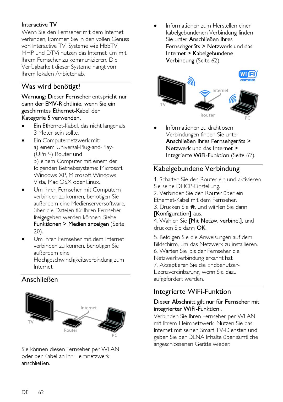 Philips 12, PFL5xx7T, PFL5xx7K, 60, PFL5xx7H manual Anschließen, Kabelgebundene Verbindung, Integrierte WiFi-Funktion 