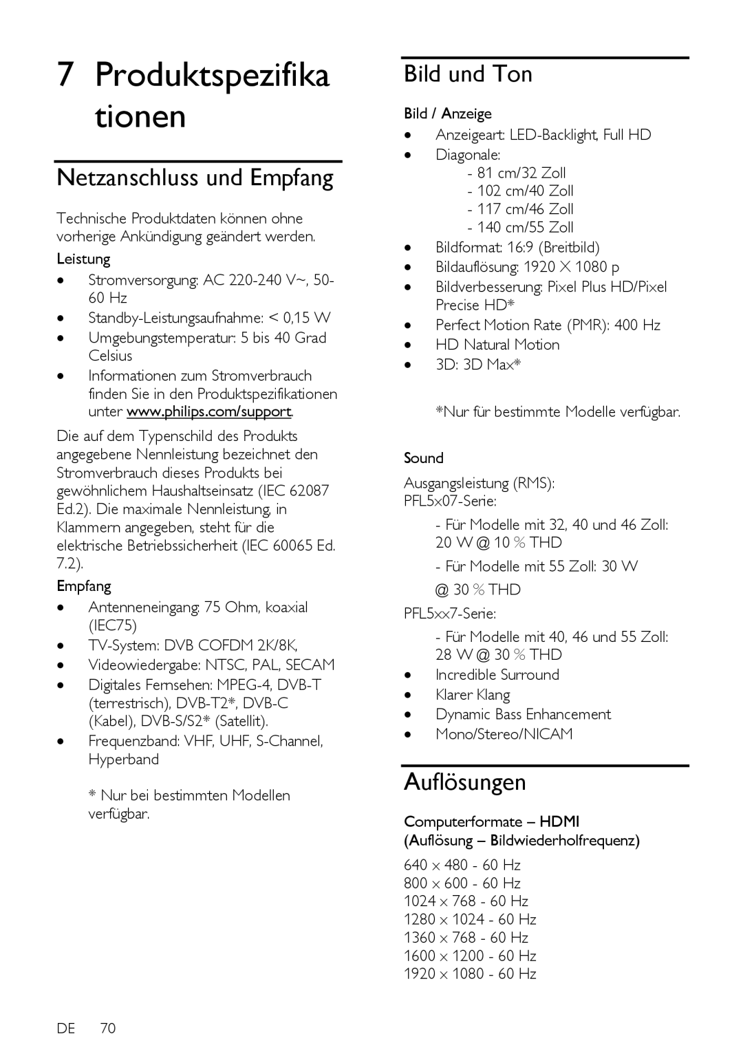 Philips 12, PFL5xx7T, PFL5xx7K, 60, PFL5xx7H manual Netzanschluss und Empfang, Auflösungen 