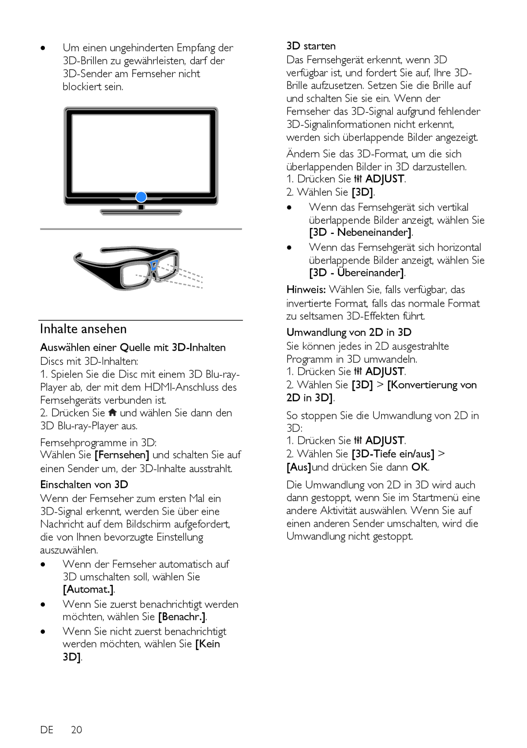 Philips 60, 12, PFLSxx7K, PFLSxx7H, PFLSxx7T manual Inhalte ansehen, Einschalten von 3D, Umwandlung von 2D in 3D 