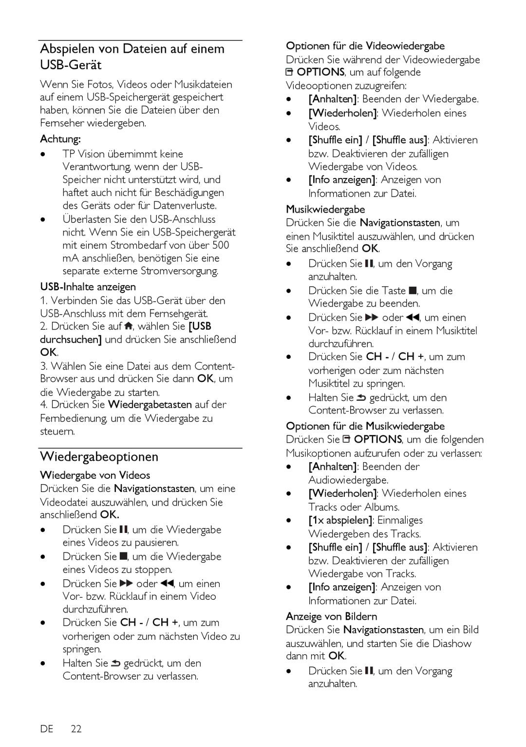 Philips PFLSxx7T, 12, PFLSxx7K Abspielen von Dateien auf einem USB-Gerät, Wiedergabeoptionen, Achtung, USB-Inhalte anzeigen 