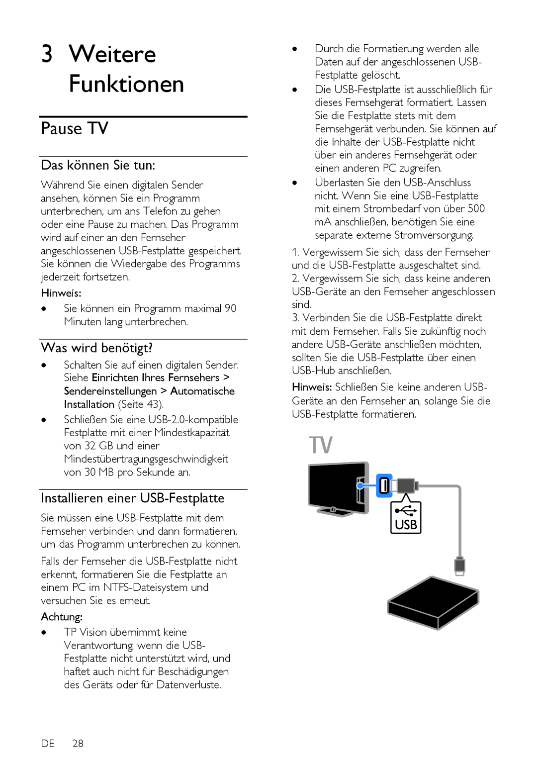 Philips 12, PFLSxx7K, 60, PFLSxx7H, PFLSxx7T manual Pause TV, Installieren einer USB-Festplatte 