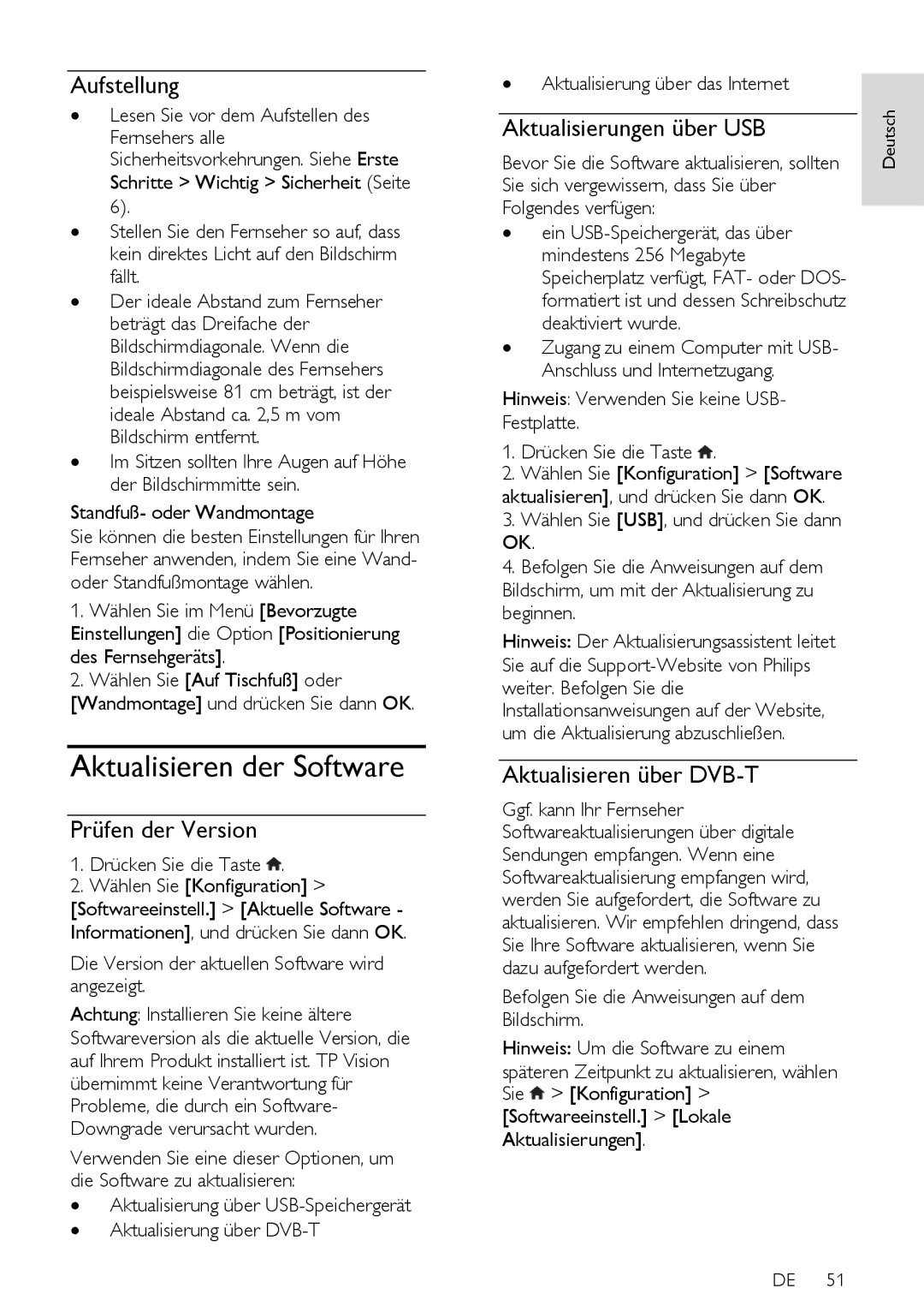 Philips PFLSxx7H, 12, PFLSxx7K, 60 Aktualisieren der Software, Aufstellung, Prüfen der Version, Aktualisierungen über USB 