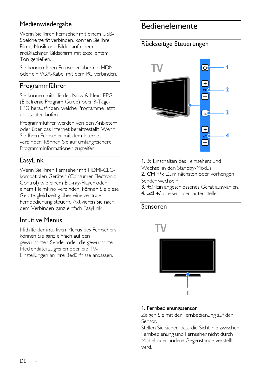 Philips PFLSxx7K, 12, 60, PFLSxx7H, PFLSxx7T manual Bedienelemente 