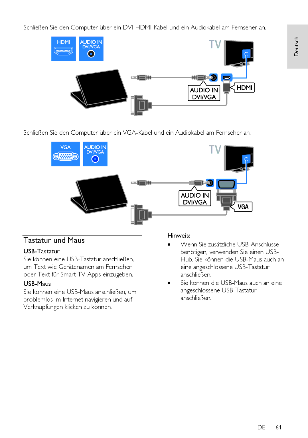 Philips PFLSxx7H, 12, PFLSxx7K, 60, PFLSxx7T manual Tastatur und Maus, USB-Tastatur, USB-Maus 