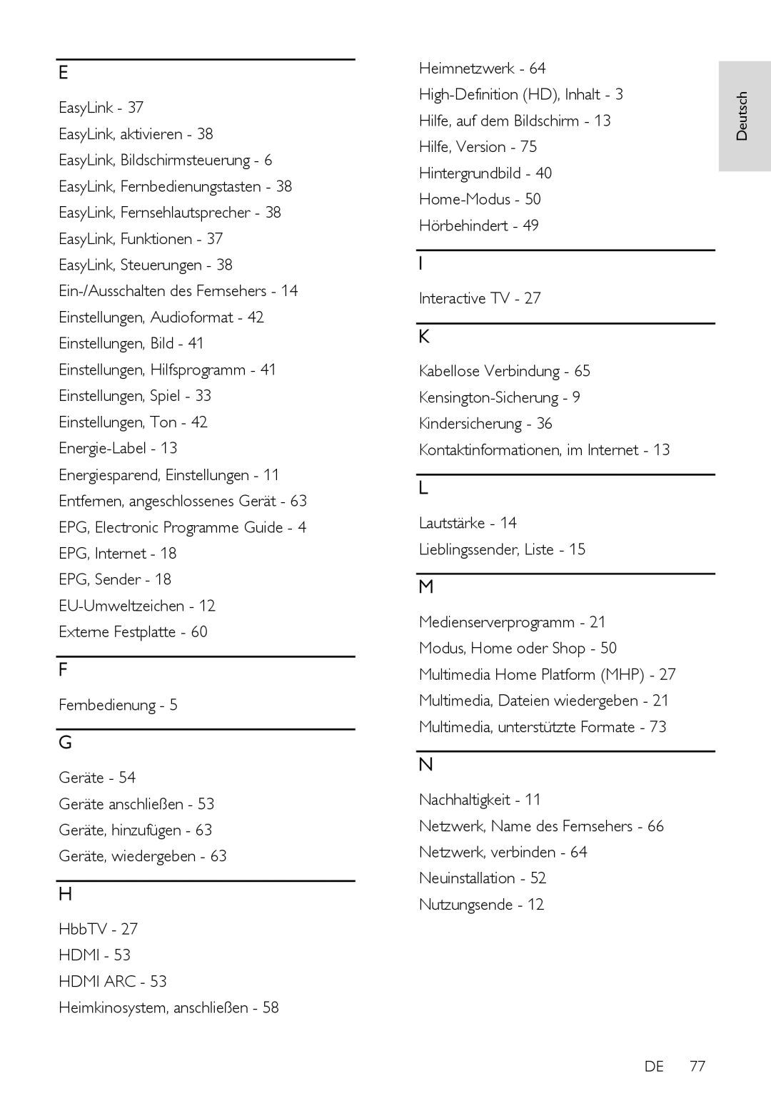 Philips PFLSxx7T, 12, PFLSxx7K, 60, PFLSxx7H manual EasyLink, Lautstärke Lieblingssender, Liste 