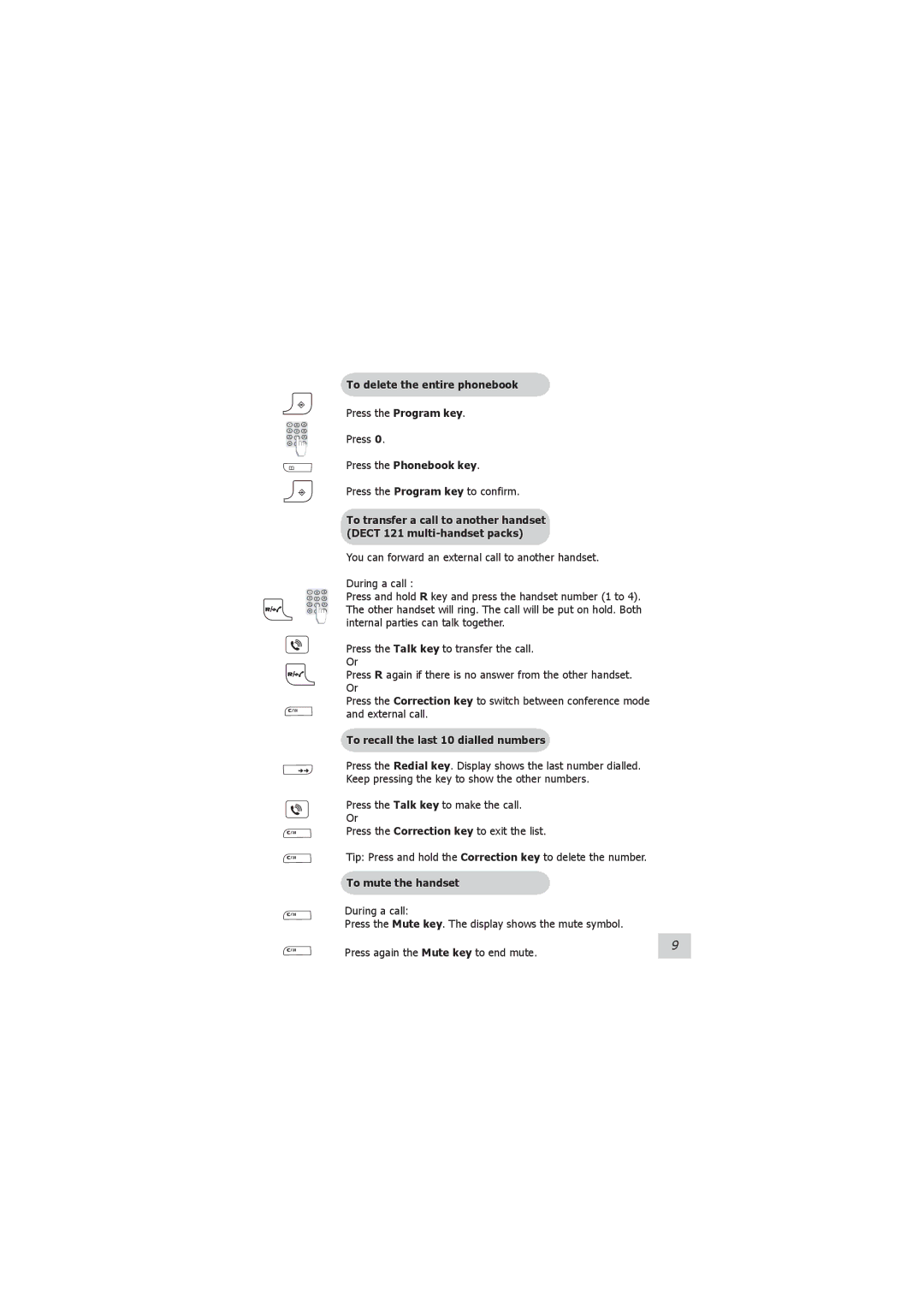 Philips 121 manual To delete the entire phonebook, To recall the last 10 dialled numbers, To mute the handset 