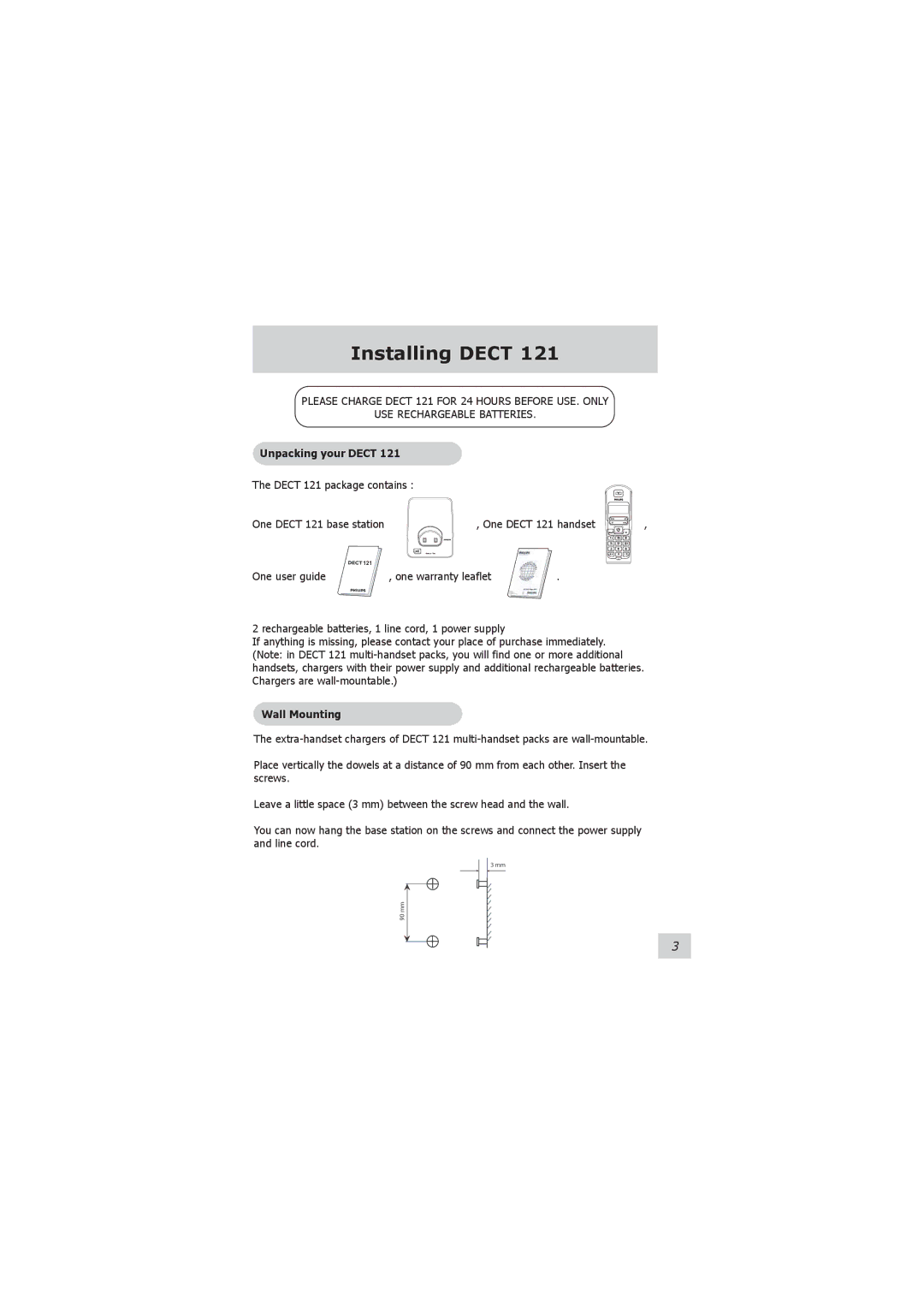 Philips 121 manual Installing Dect, Unpacking your Dect, Wall Mounting 