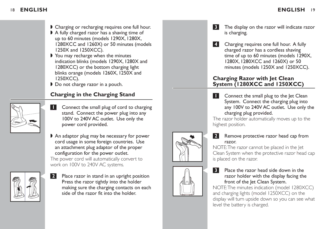 Philips 1260X manual Charging in the Charging Stand, Charging Razor with Jet Clean System 1280XCC and 1250XCC 