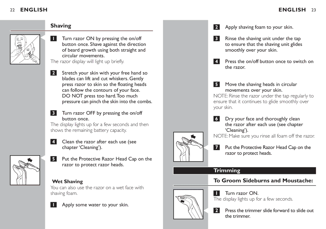Philips 1260X, 1280XCC, 1250XCC manual Shaving, Trimming, To Groom Sideburns and Moustache 