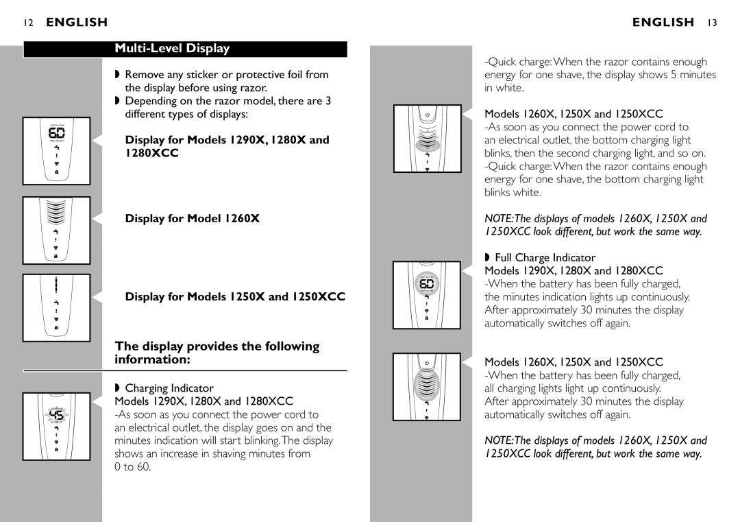 Philips 1280X Multi-Level Display, Display provides the following information, Full Charge Indicator, Charging Indicator 