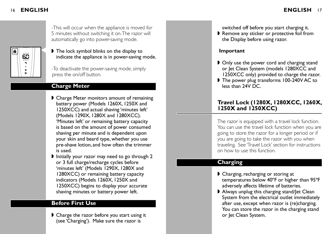 Philips manual Charge Meter, Before First Use, Travel Lock 1280X, 1280XCC, 1260X, 1250X and 1250XCC, Charging 