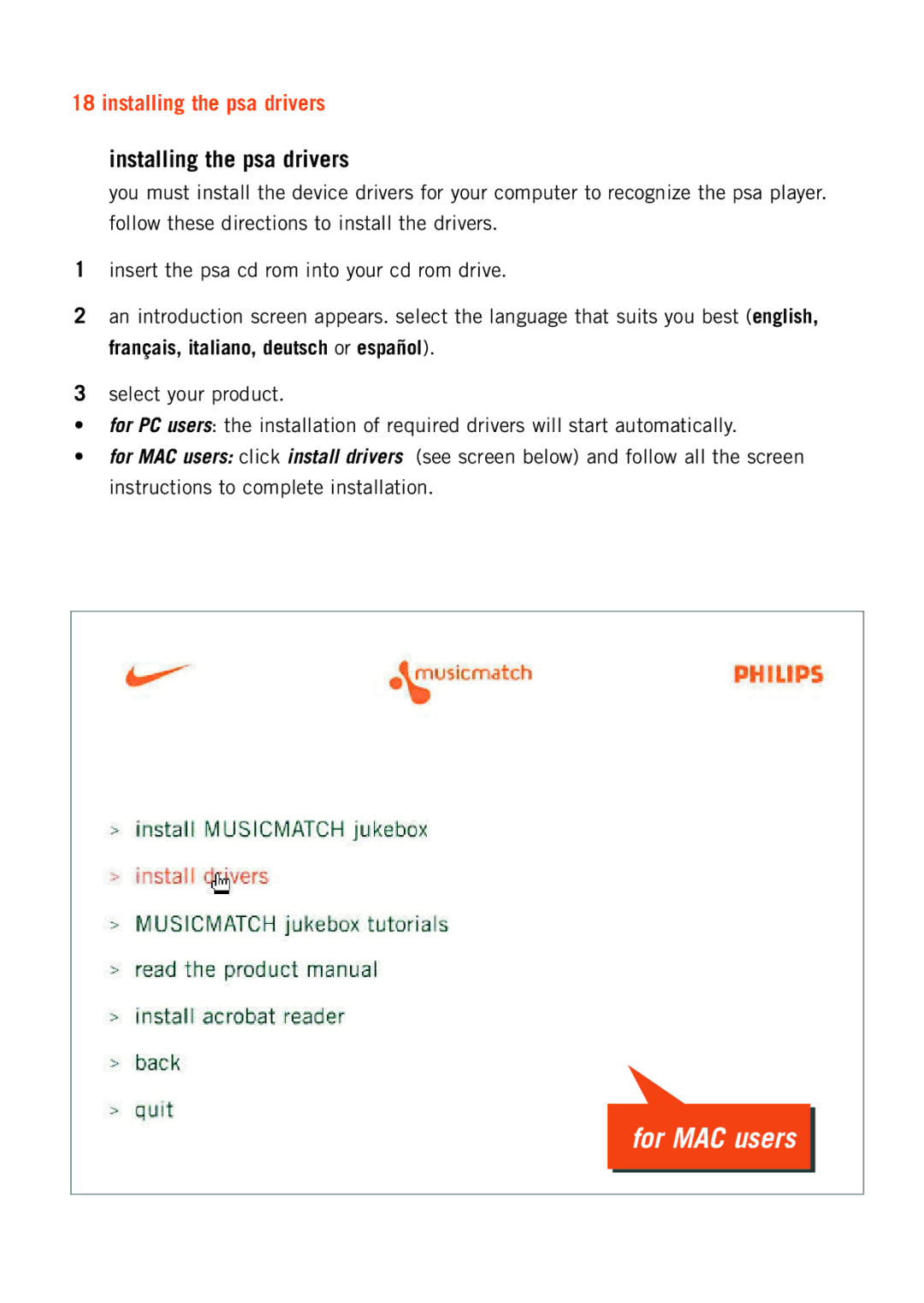 Philips 128max manual For MAC users, Installing the psa drivers 