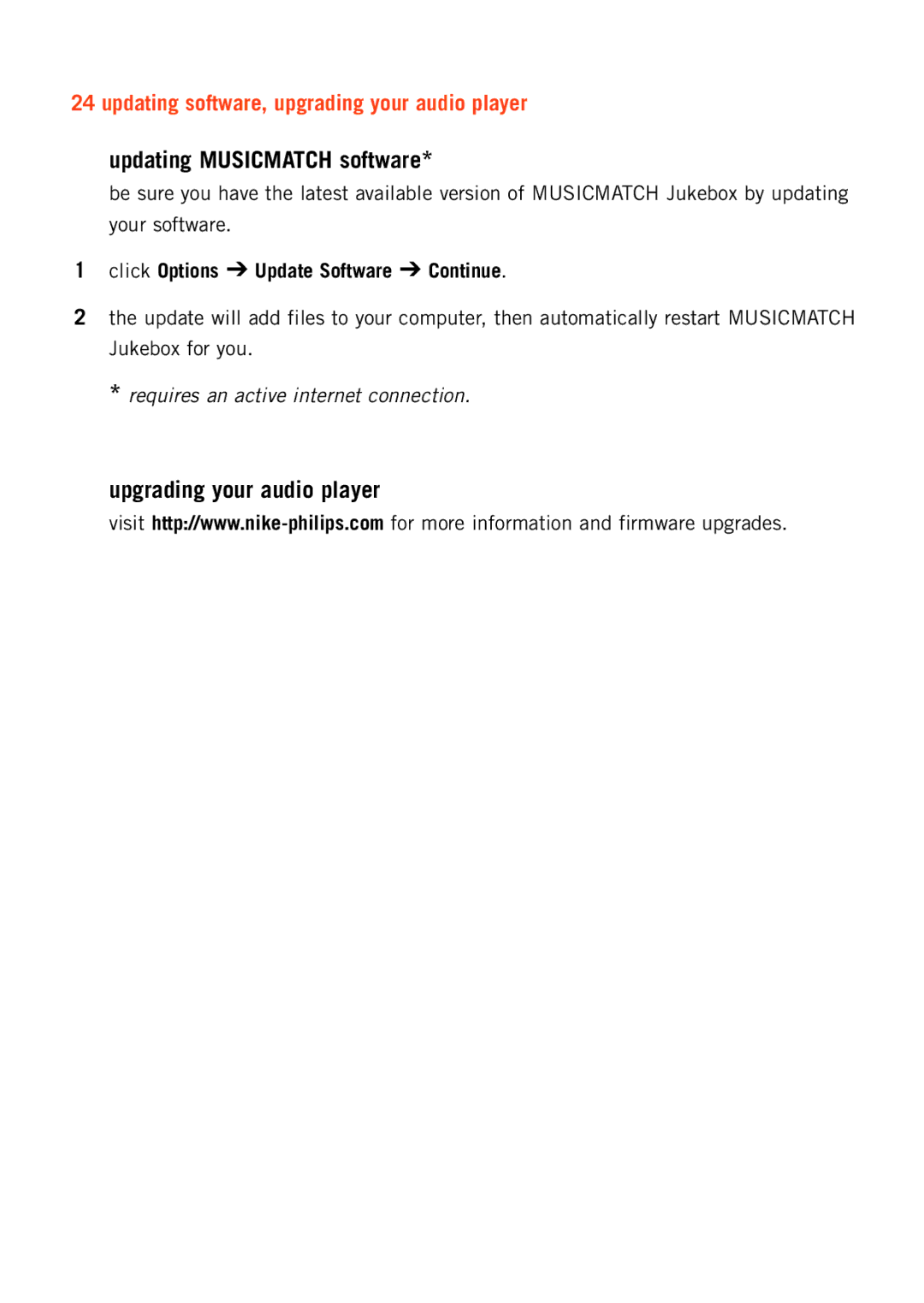 Philips 128max manual Updating Musicmatch software, Upgrading your audio player 