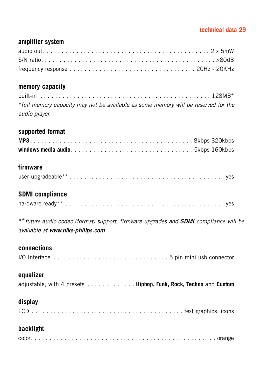 Philips 128max Amplifier system, Memory capacity, Supported format, Firmware, Sdmi compliance, Connections, Equalizer 