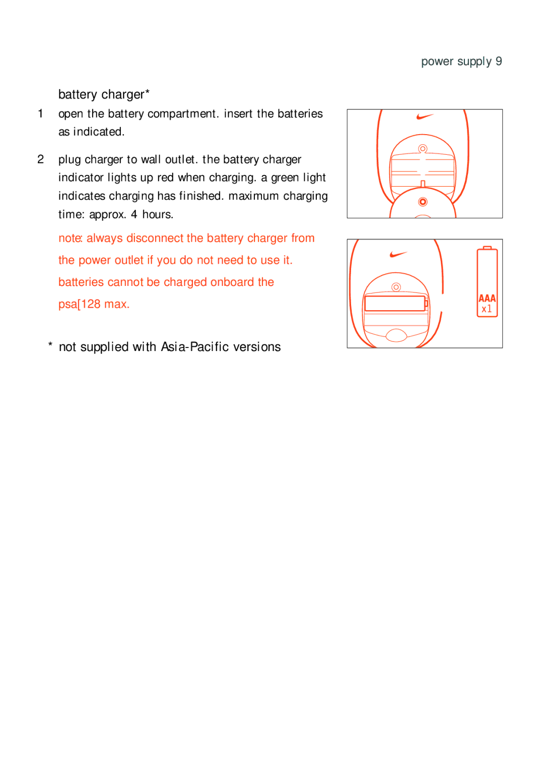 Philips 128max manual Battery charger, Not supplied with Asia-Pacific versions 