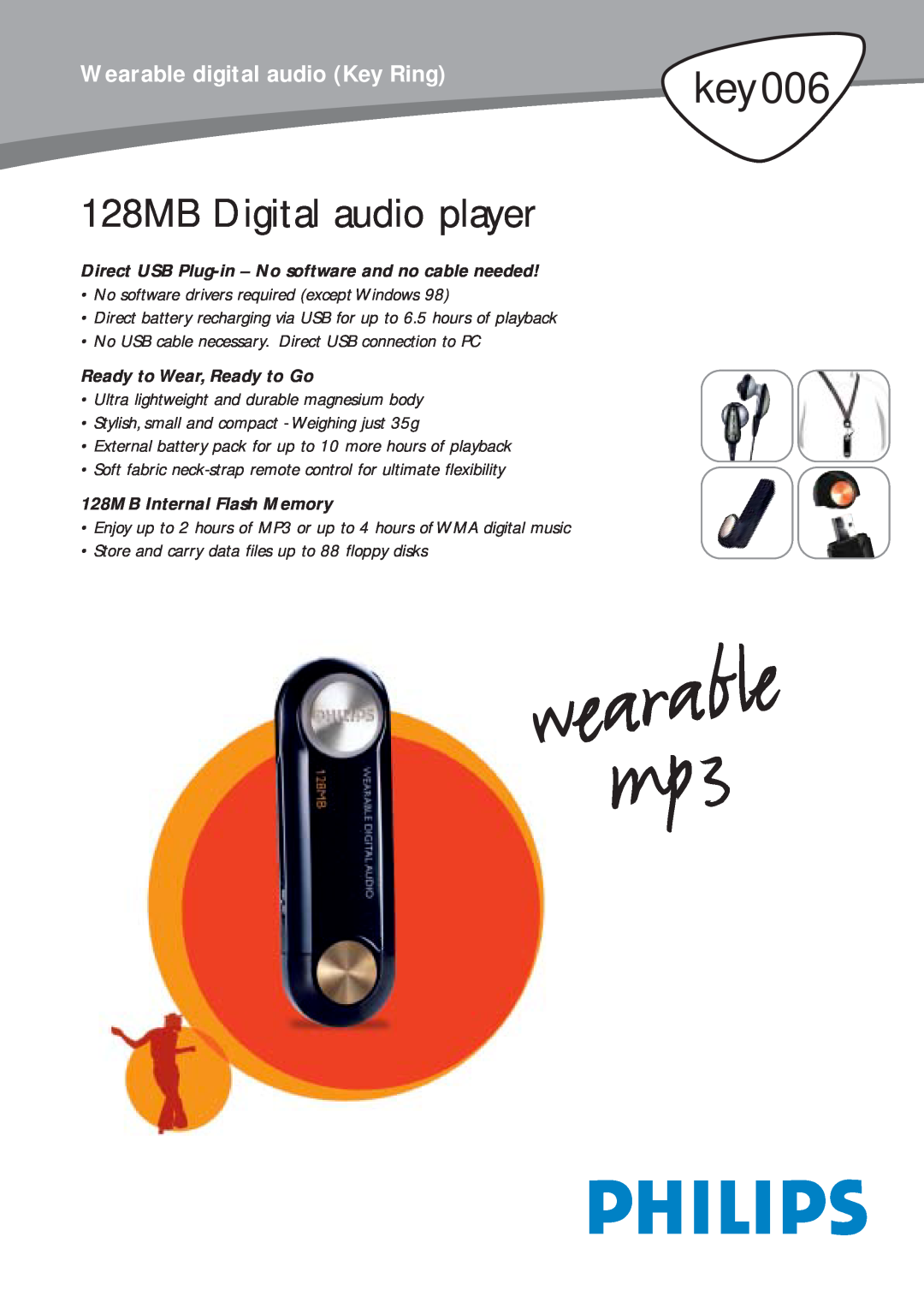 Philips manual key006, 128MB Digital audio player, Wearable digital audio Key Ring, Ready to Wear, Ready to Go 