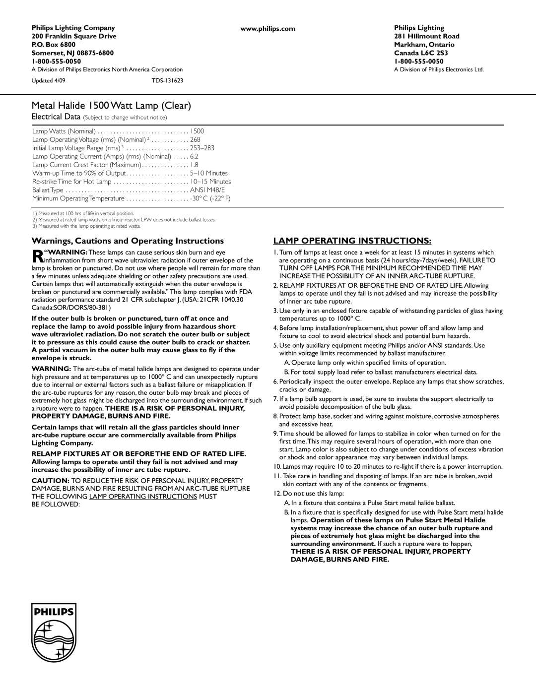 Philips 131623 manual Metal Halide 1500 Watt Lamp Clear 