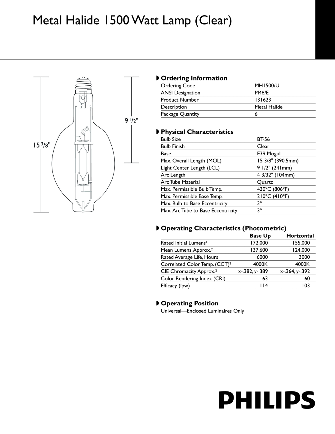 Philips 131623 manual Base Up, Horizontal, Metal Halide 1500 Watt Lamp Clear, Ordering Information, Operating Position 
