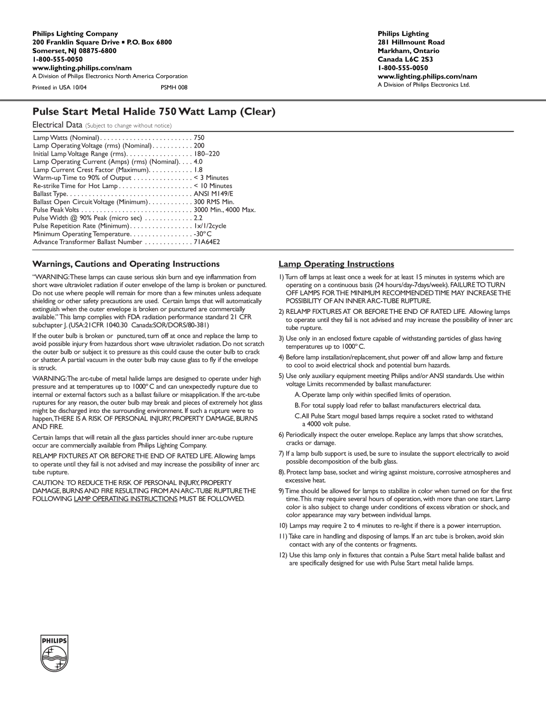 Philips 135400 manual Pulse Start Metal Halide 750 Watt Lamp Clear, Lamp Operating Instructions 