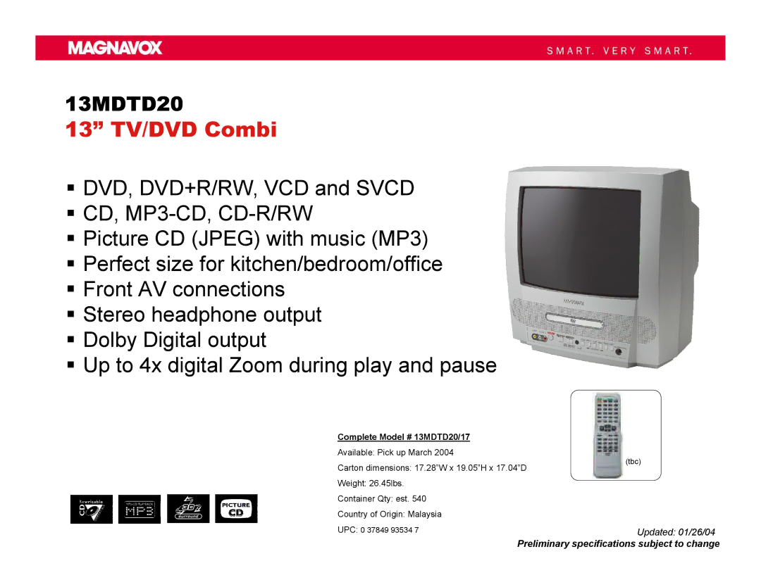 Philips specifications 13 TV/DVD Combi, ƒ CD, MP3-CD, CD-R/RW, Complete Model # 13MDTD20/17 