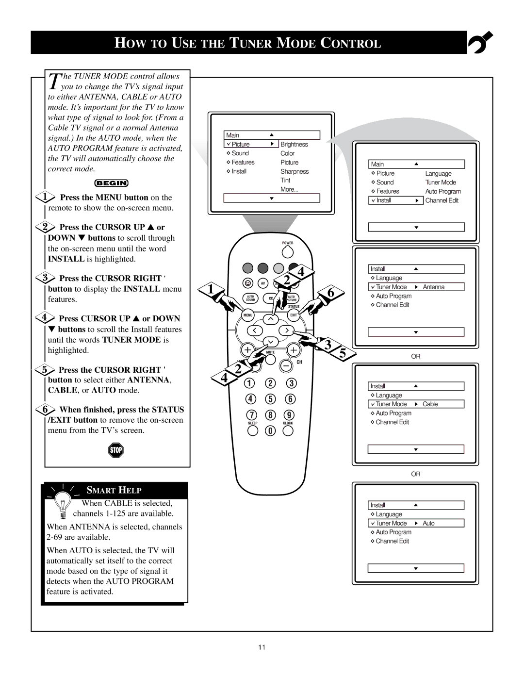 Philips 13PR12W99 manual HOW to USE the Tuner Mode Control, Cable , or Auto mode 